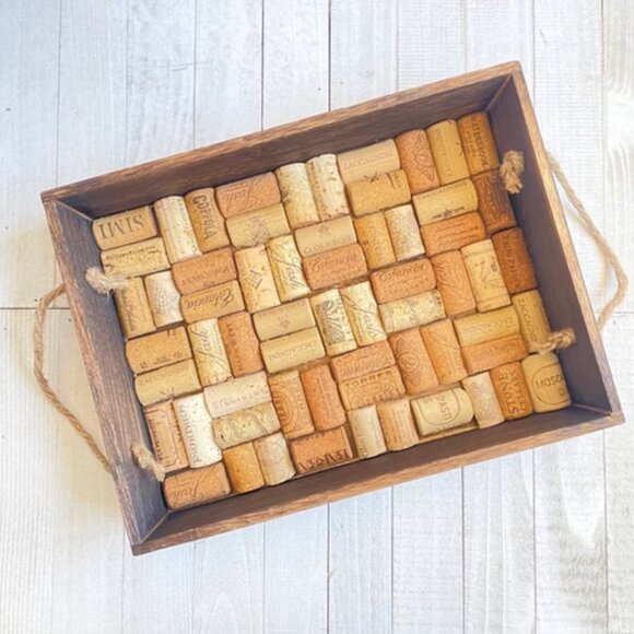 Large Handmade Wine Cork Tray Brown Stained Wood with Handles - Picture 1 of 1